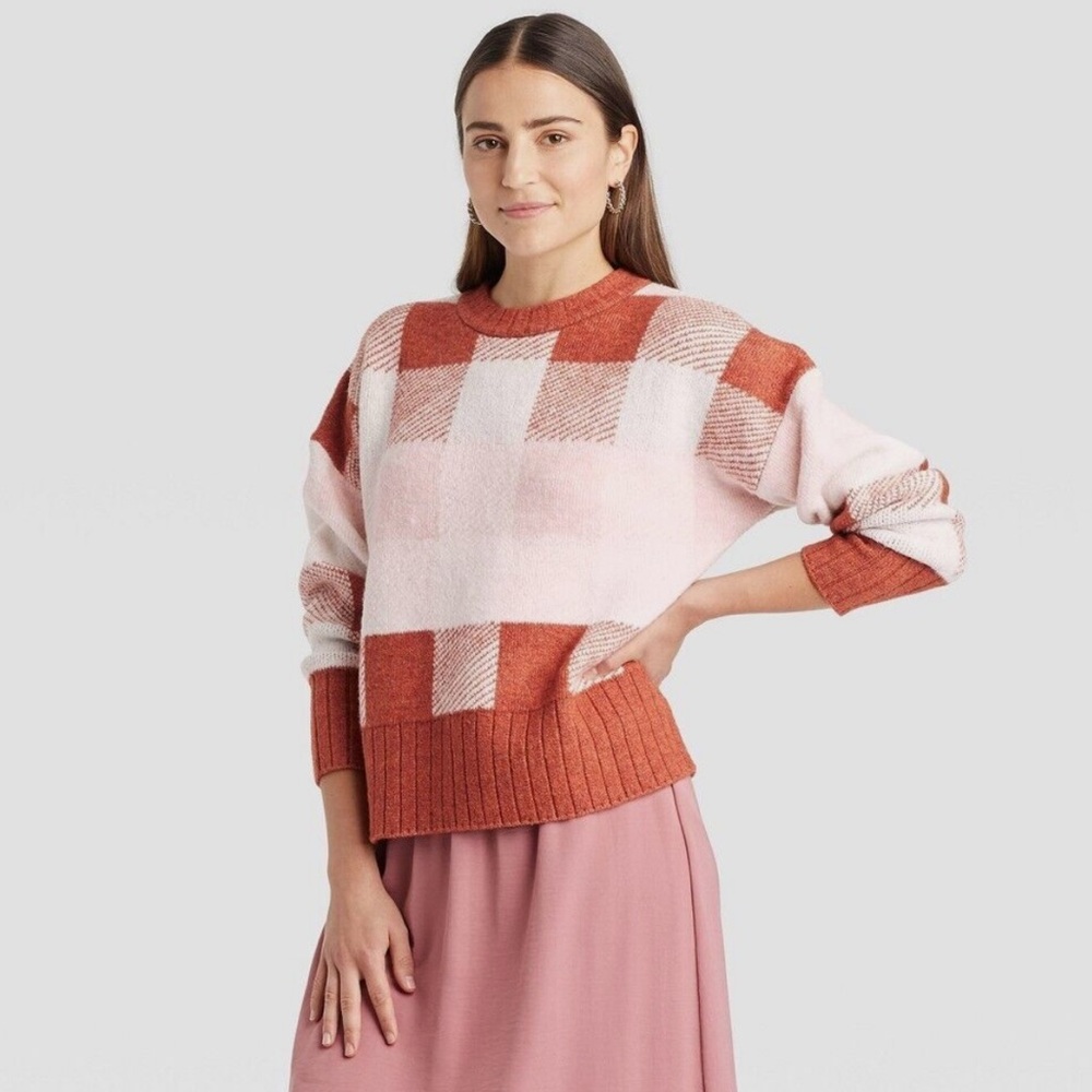 A New Day Burnt Orange, Pink, & White Plaid Sweater